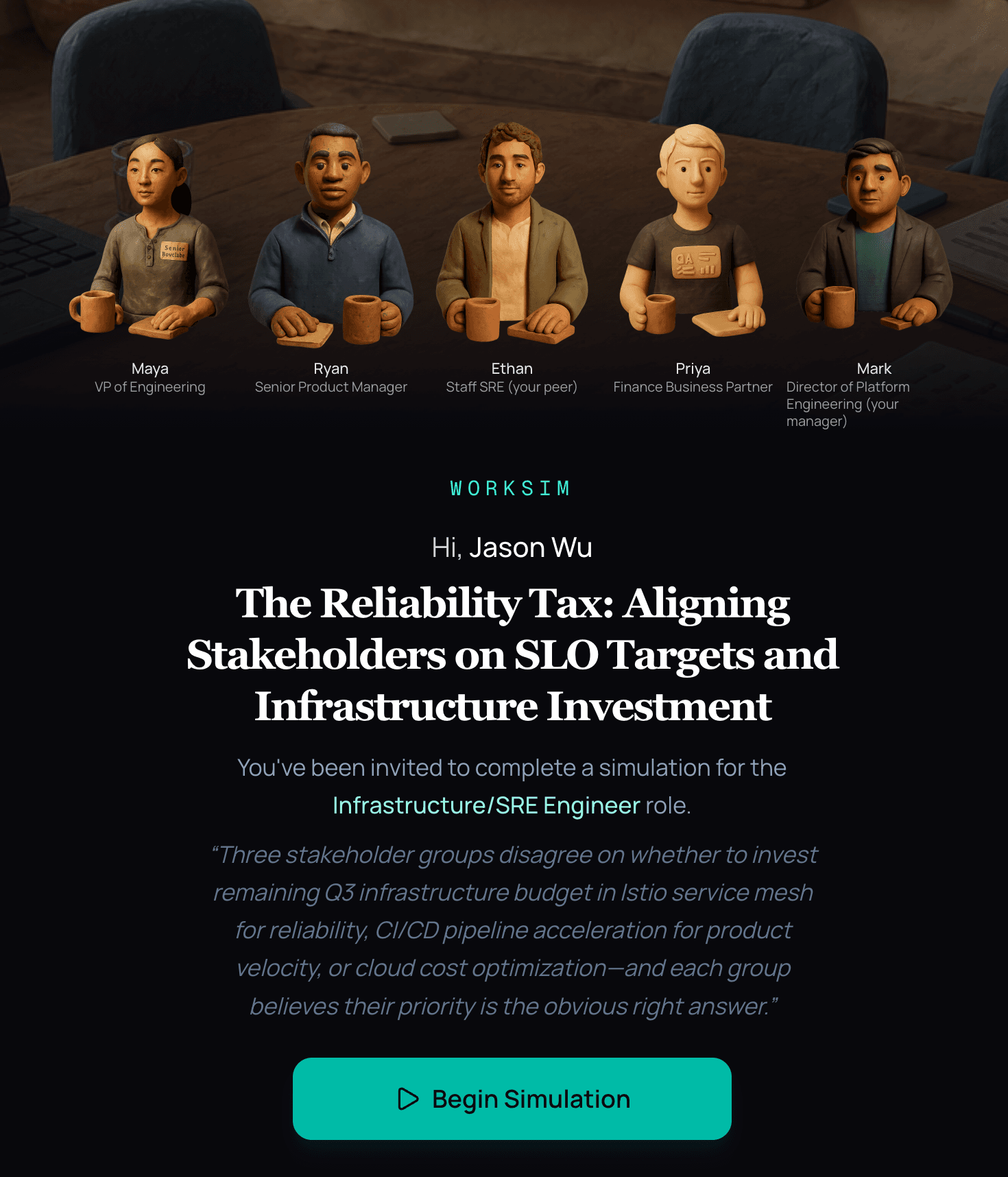 WorkSim intro screen showing the cast of five characters for The Reliability Tax simulation