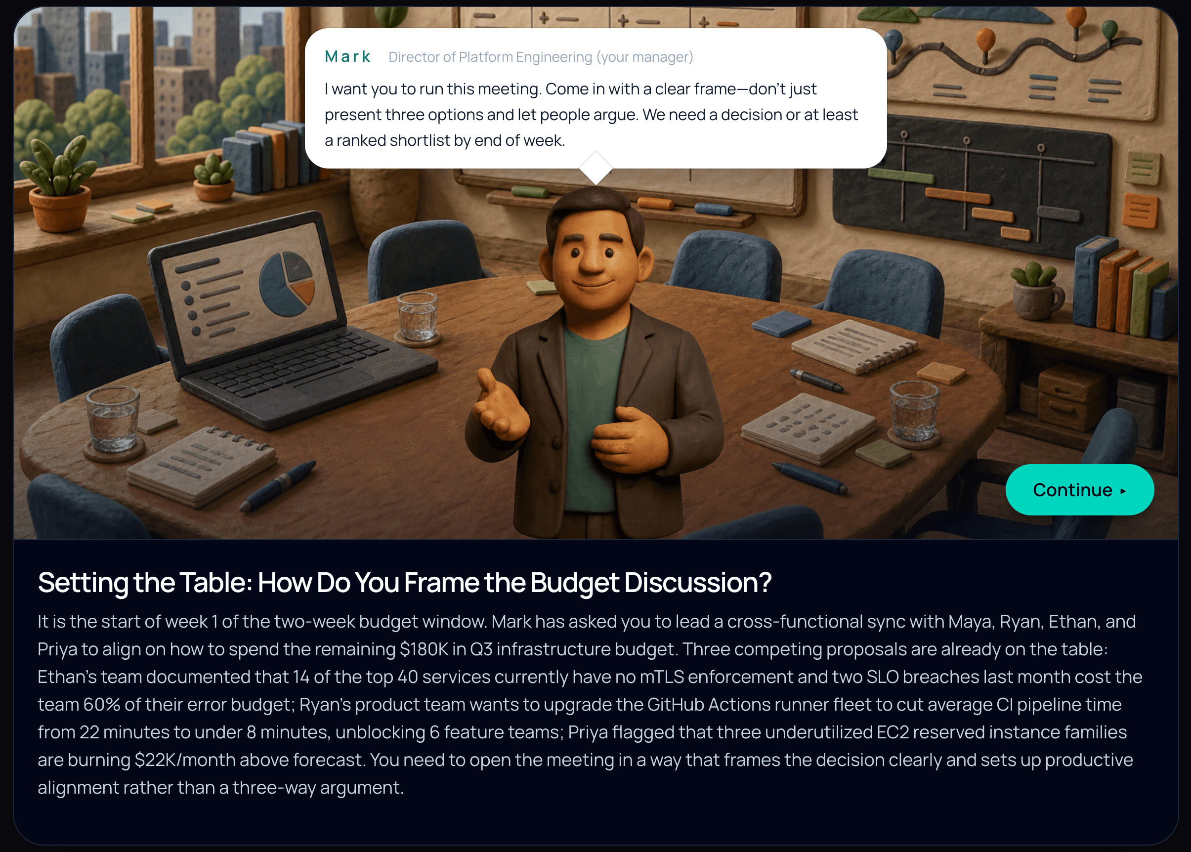 WorkSim scene with Mark the manager presenting the budget framing challenge