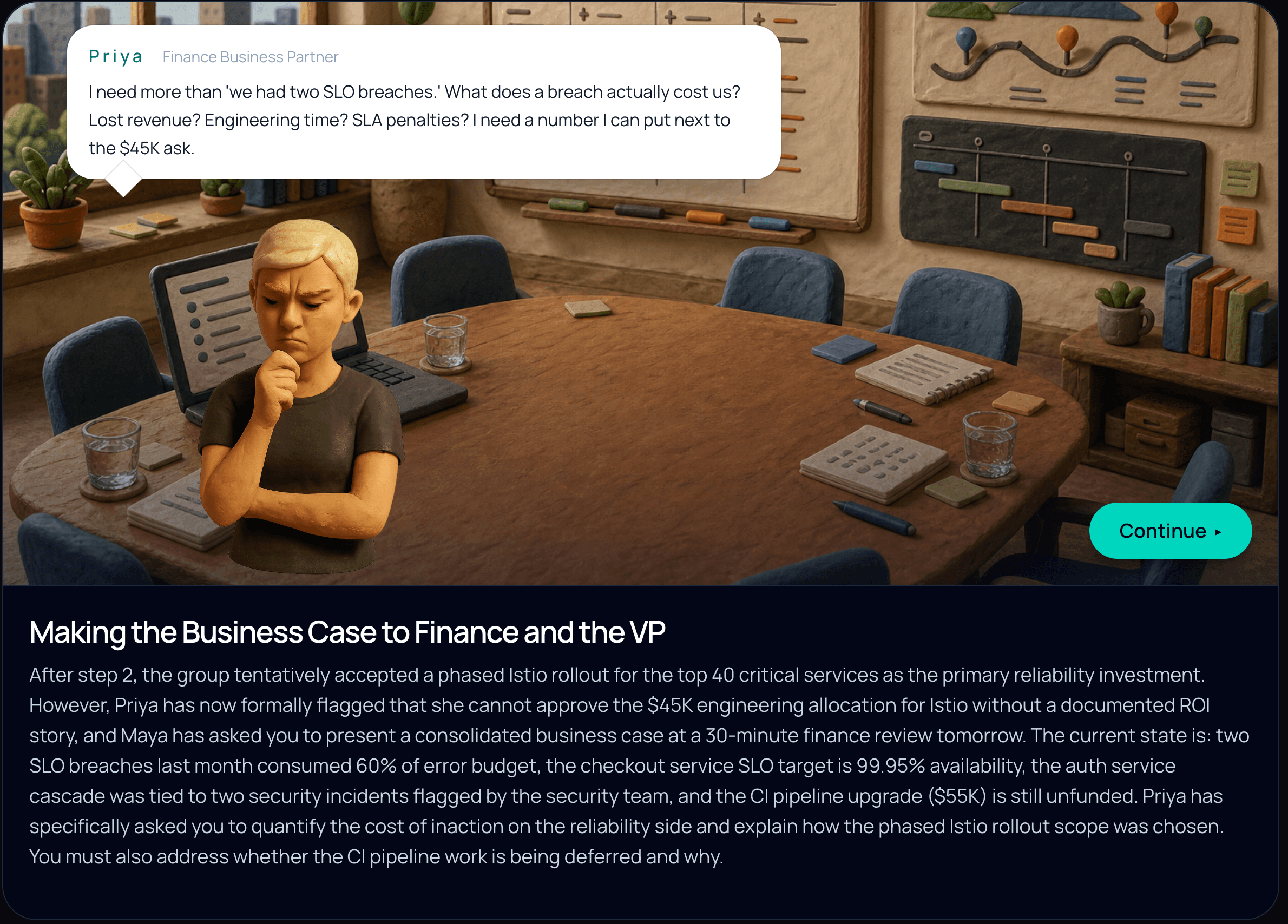 WorkSim scene where Priya asks for an ROI number before approving the engineering spend