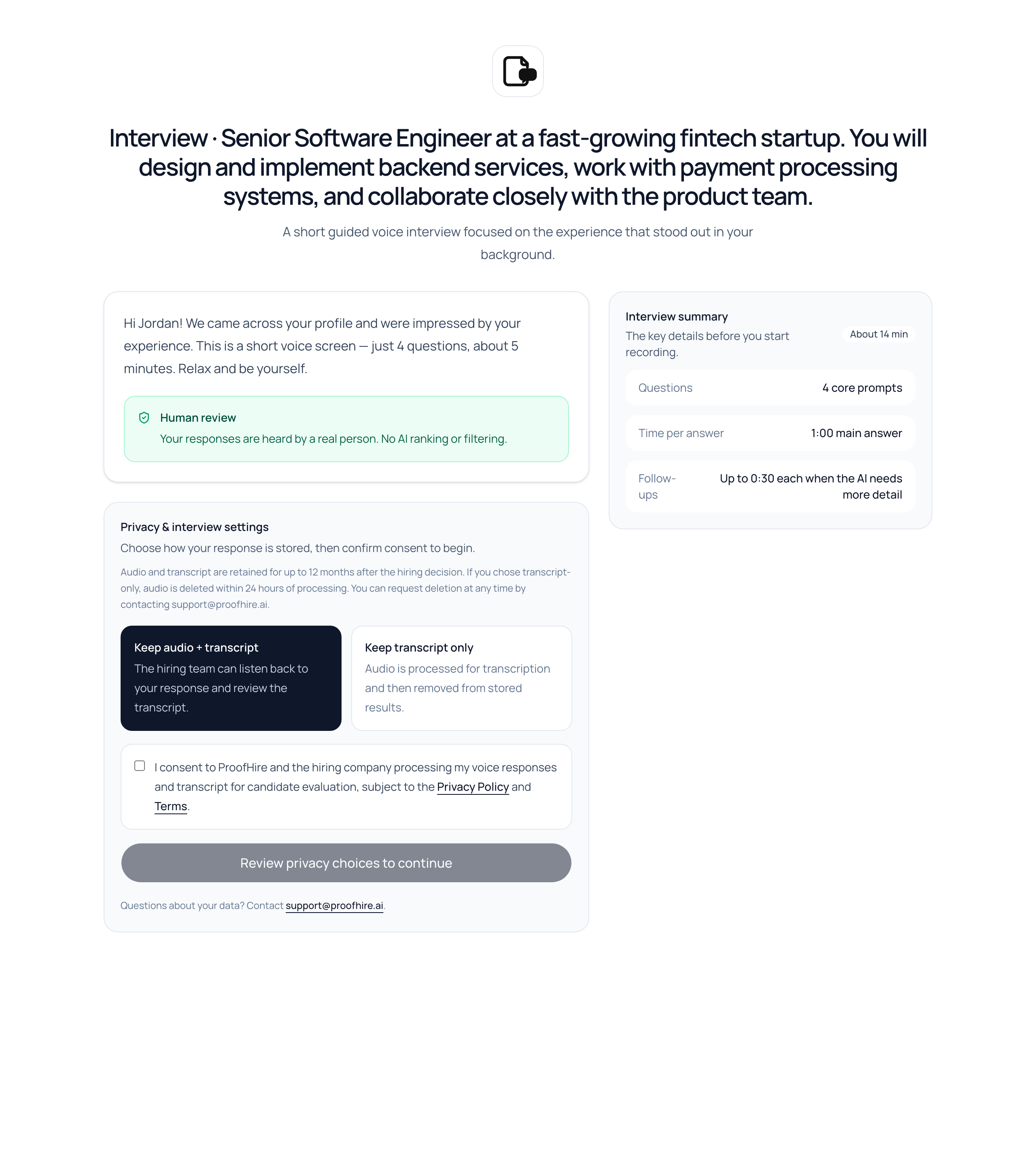 Candidate receives a clean link — reads the job context, reviews privacy settings, and records voice answers