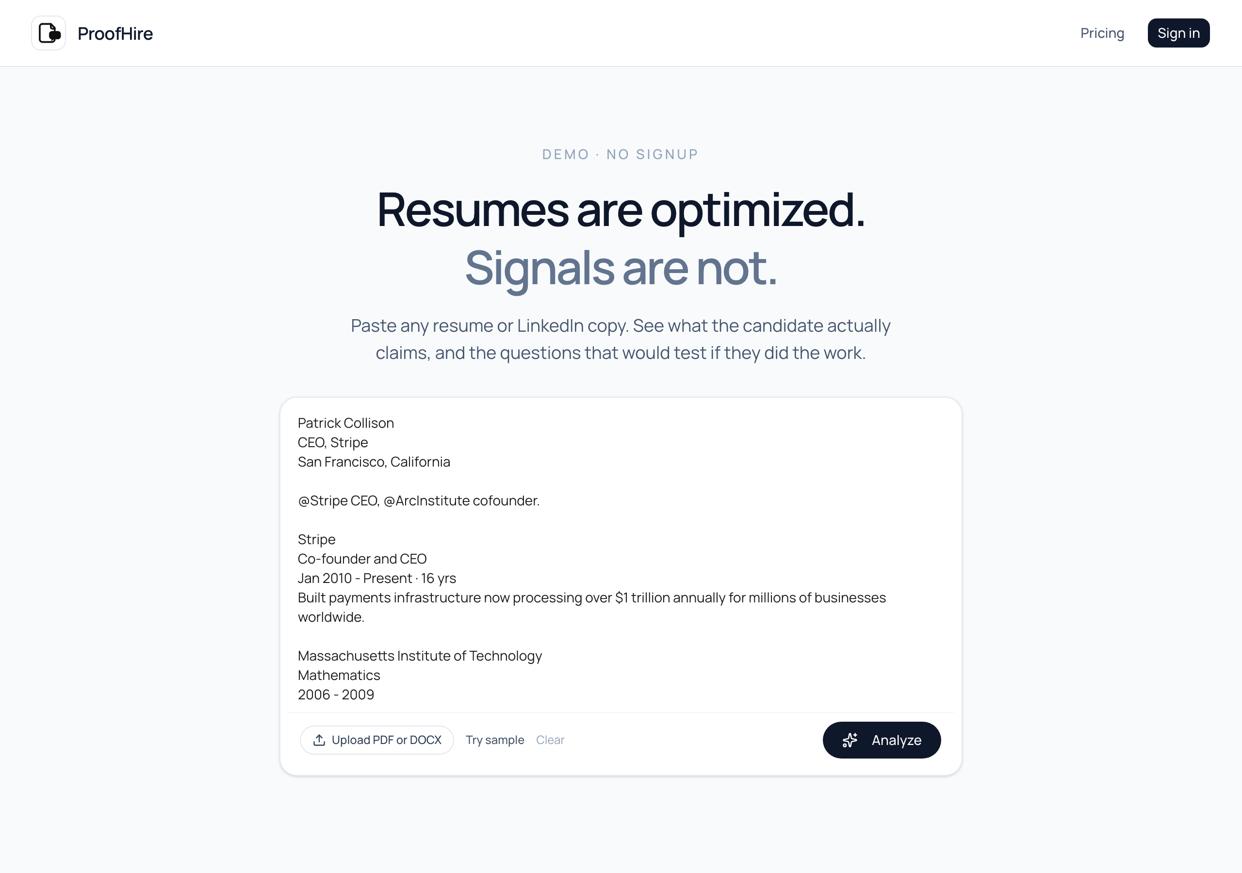 Paste a resume — ProofHire parses it and generates targeted interview questions