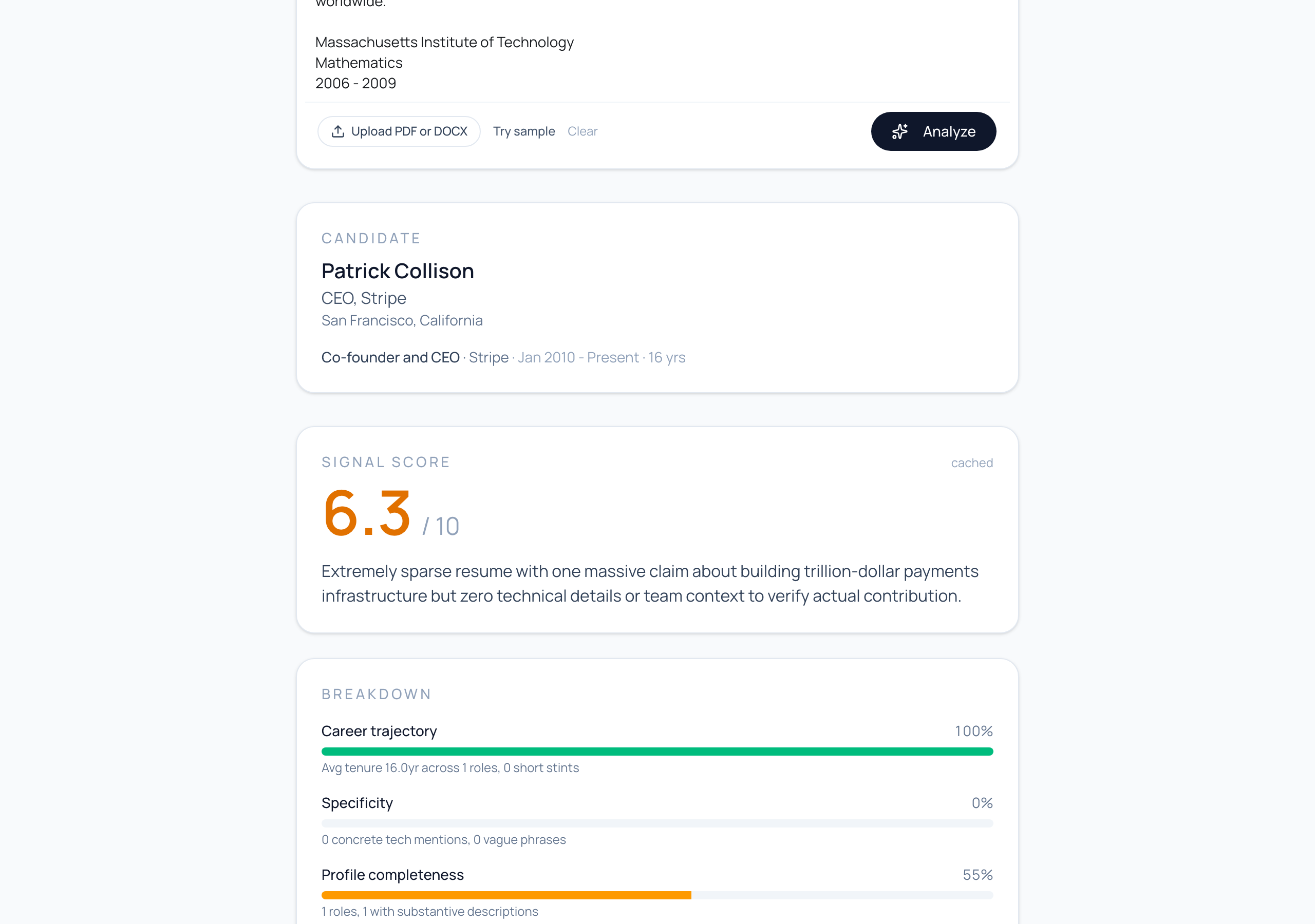 Signal score 6.3/10 with breakdown: career trajectory, specificity, profile completeness