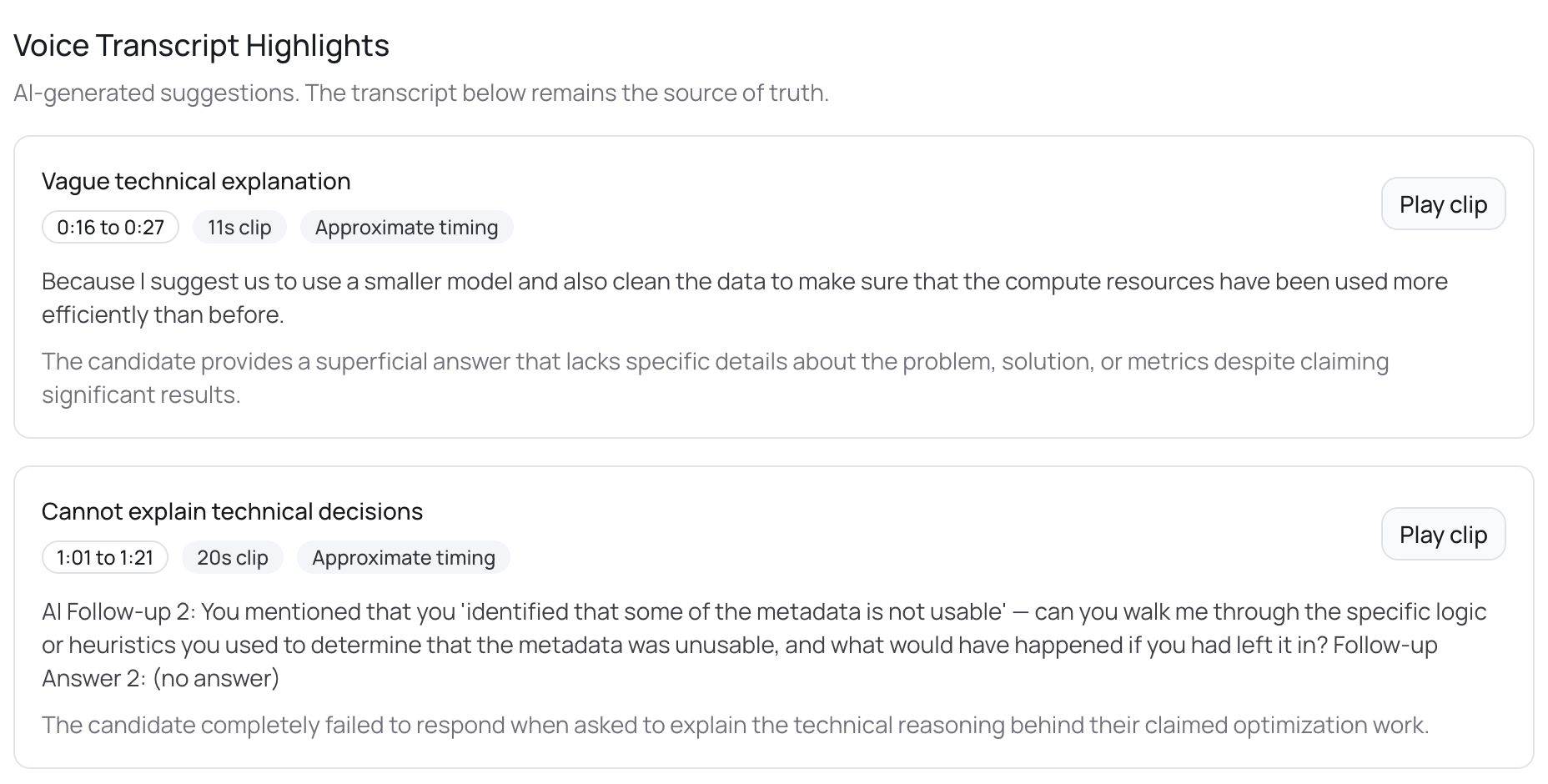AI-flagged moments in the transcript: vague explanations, evasions, gaps